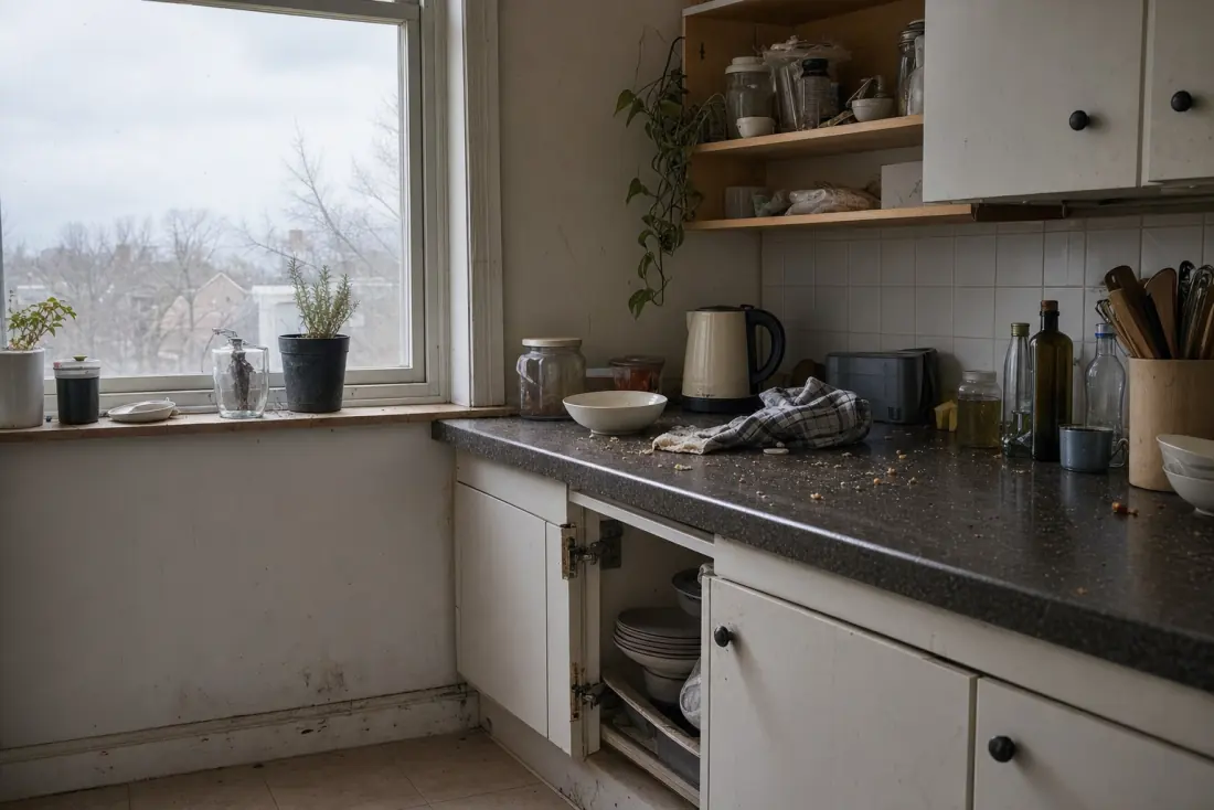 Кухня до обработки: захламлённая столешница, крошки и налёт у плинтуса